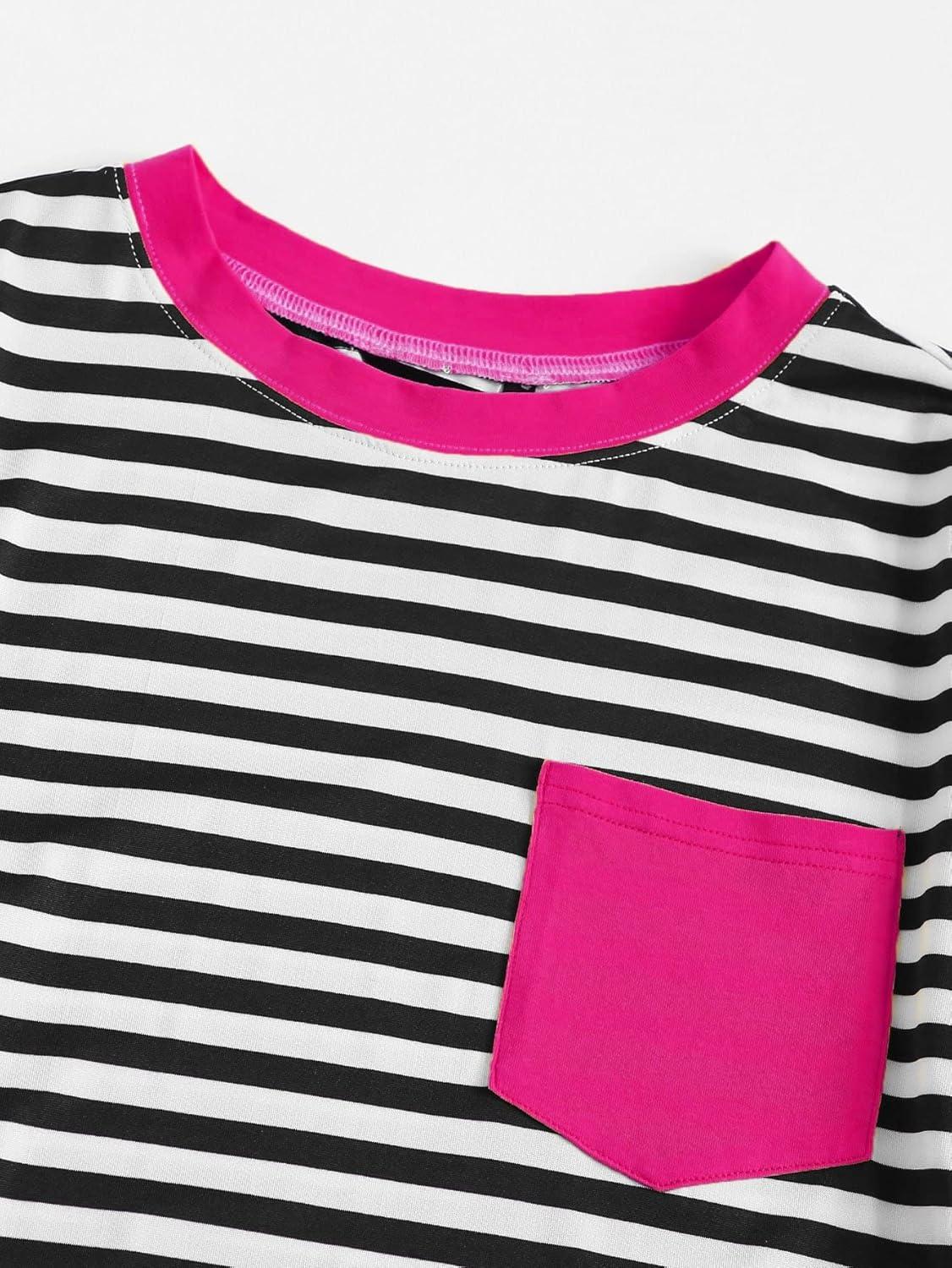 imageFloerns Womens Casual Striped Crew Neck Short Sleeve T Shirts Tee TopsBlack White Pink Multi