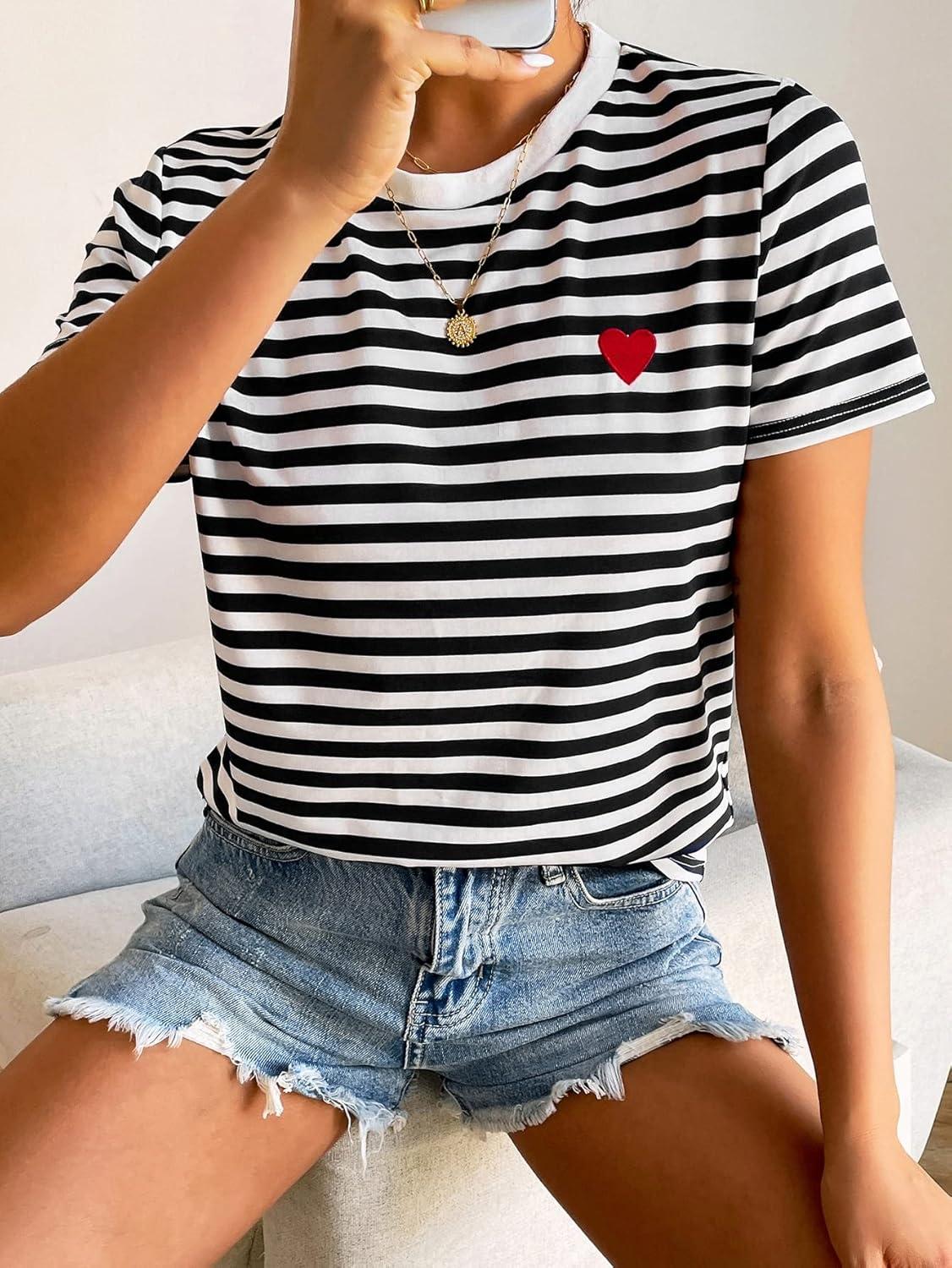 imageFloerns Womens Casual Striped Crew Neck Short Sleeve T Shirts Tee TopsBlack White Striped