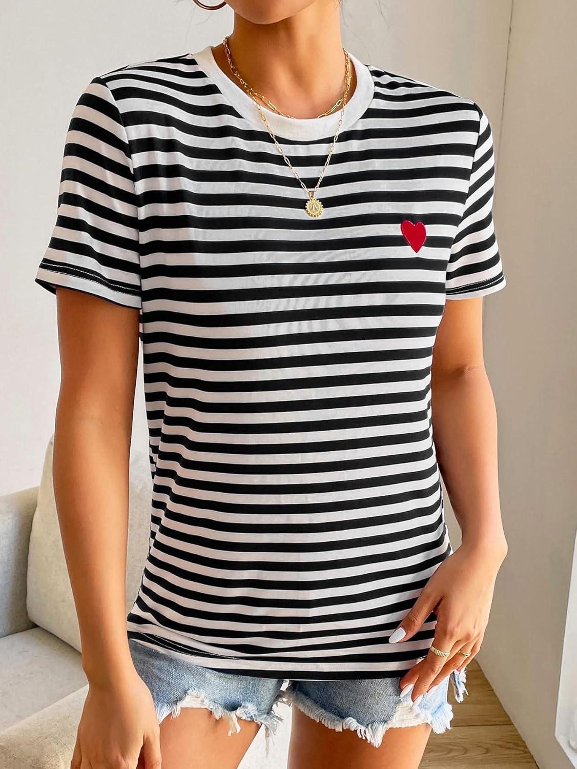 imageFloerns Womens Casual Striped Crew Neck Short Sleeve T Shirts Tee TopsBlack White Striped