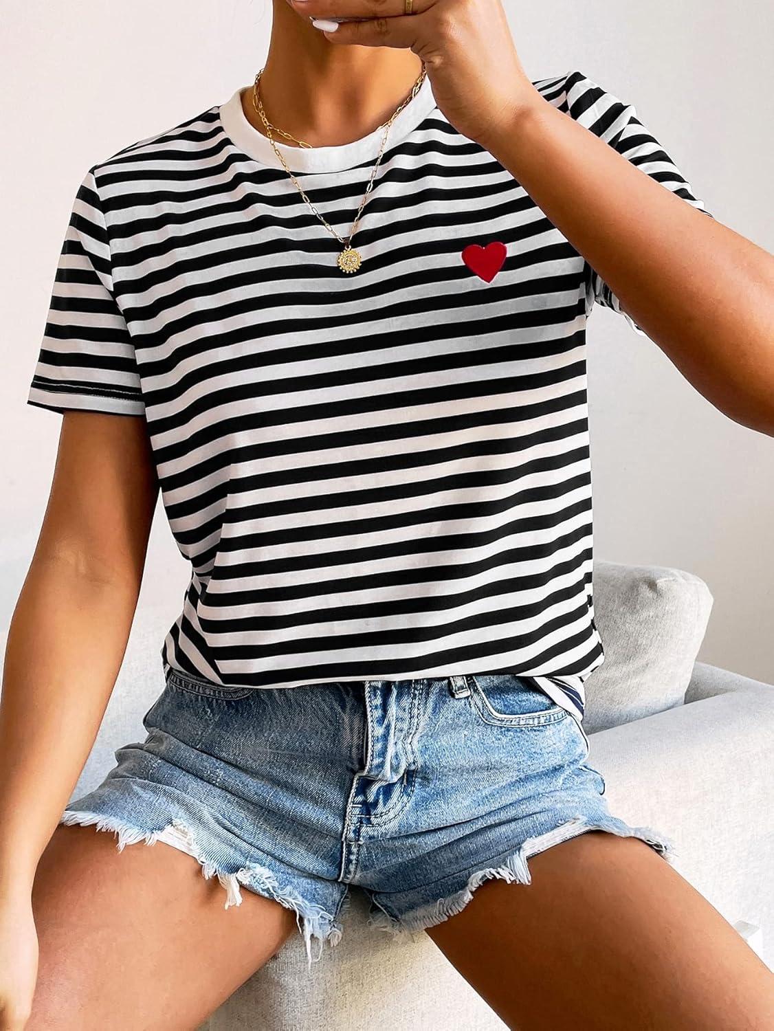 imageFloerns Womens Casual Striped Crew Neck Short Sleeve T Shirts Tee TopsBlack White Striped