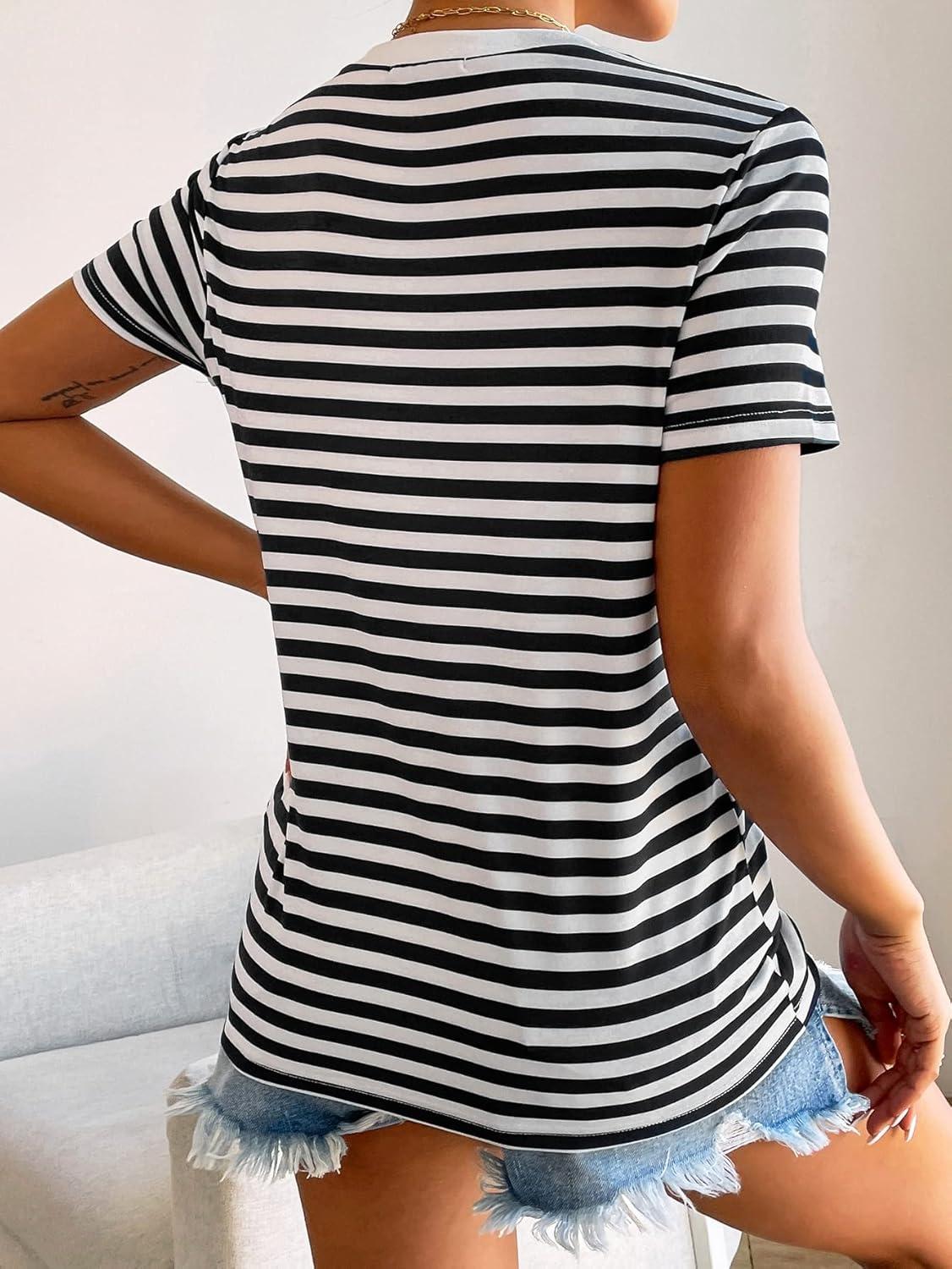 imageFloerns Womens Casual Striped Crew Neck Short Sleeve T Shirts Tee TopsBlack White Striped