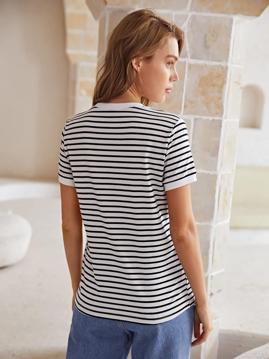 imageFloerns Womens Casual Striped Crew Neck Short Sleeve T Shirts Tee TopsBlack and White