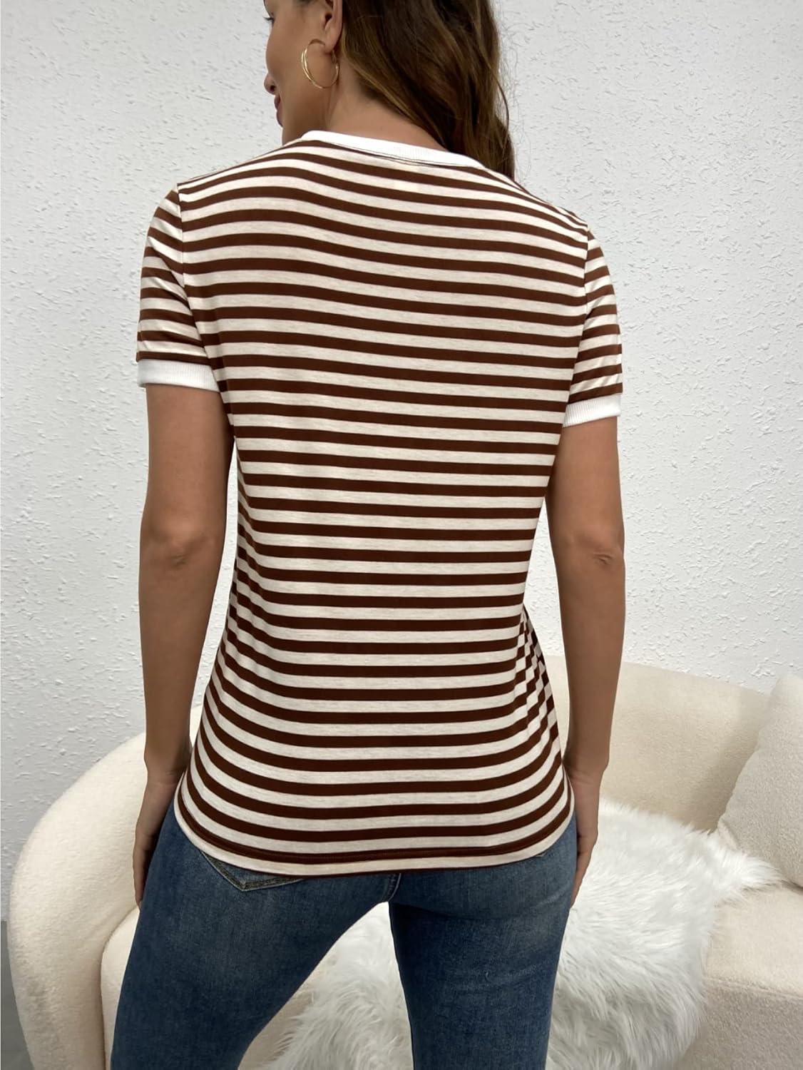 imageFloerns Womens Casual Striped Crew Neck Short Sleeve T Shirts Tee TopsBrown Khaki