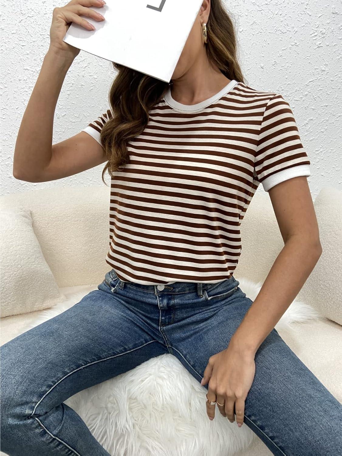 imageFloerns Womens Casual Striped Crew Neck Short Sleeve T Shirts Tee TopsBrown Khaki