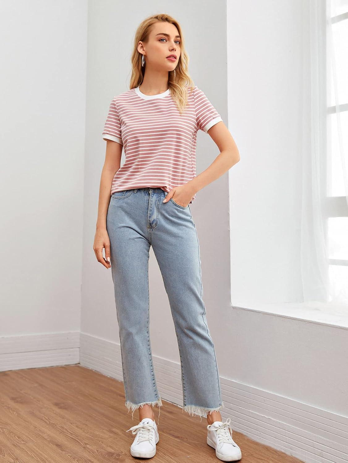imageFloerns Womens Casual Striped Crew Neck Short Sleeve T Shirts Tee TopsDusty Pink