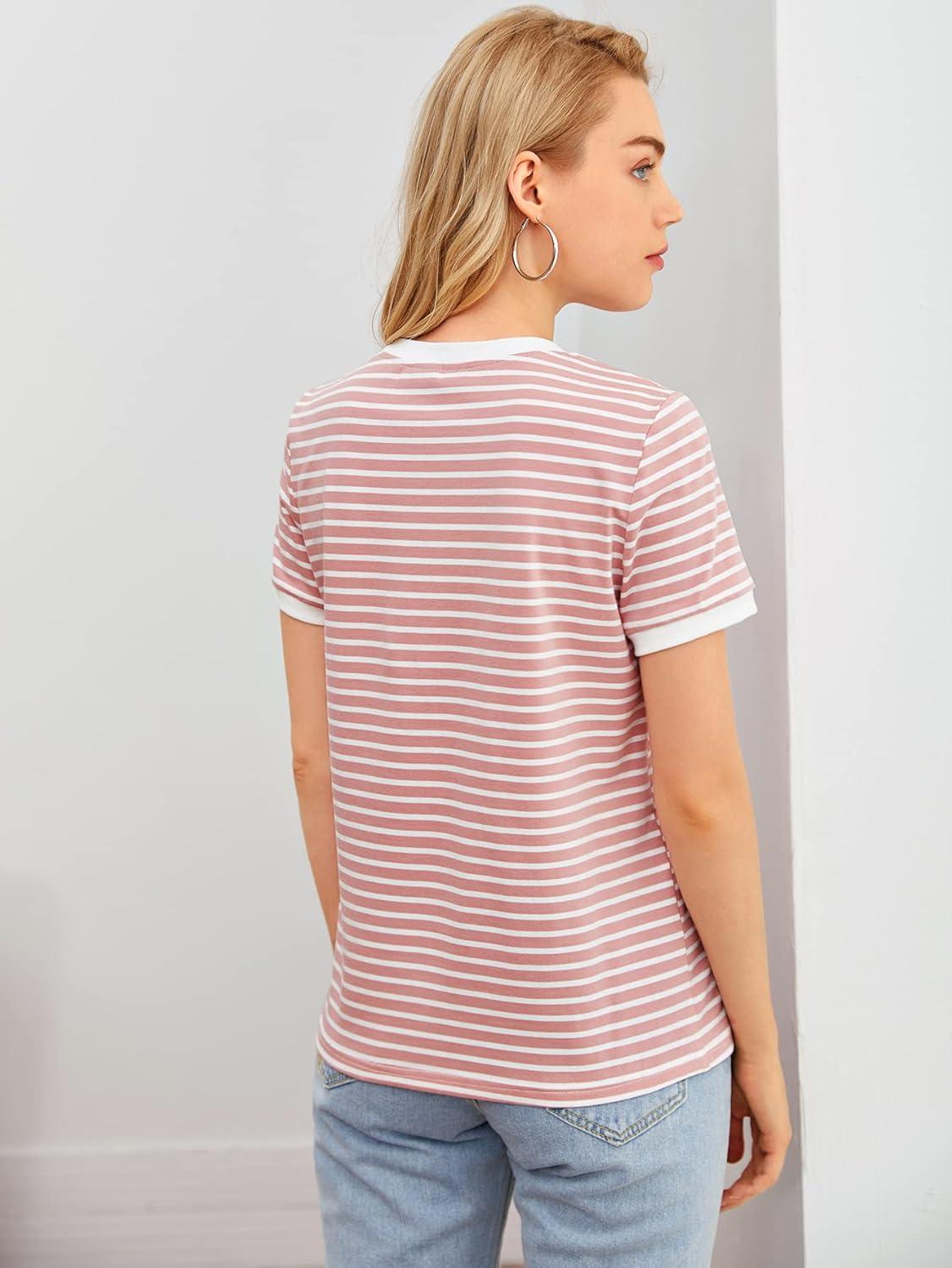 imageFloerns Womens Casual Striped Crew Neck Short Sleeve T Shirts Tee TopsDusty Pink