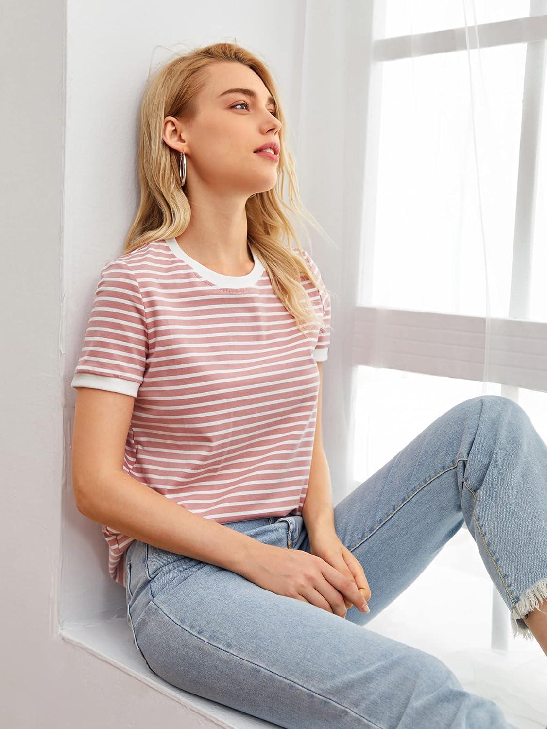 imageFloerns Womens Casual Striped Crew Neck Short Sleeve T Shirts Tee TopsDusty Pink