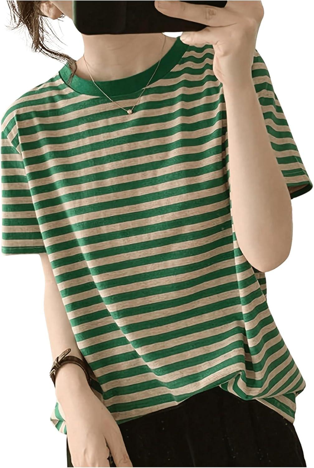 imageFloerns Womens Casual Striped Crew Neck Short Sleeve T Shirts Tee TopsGreen and Khaki