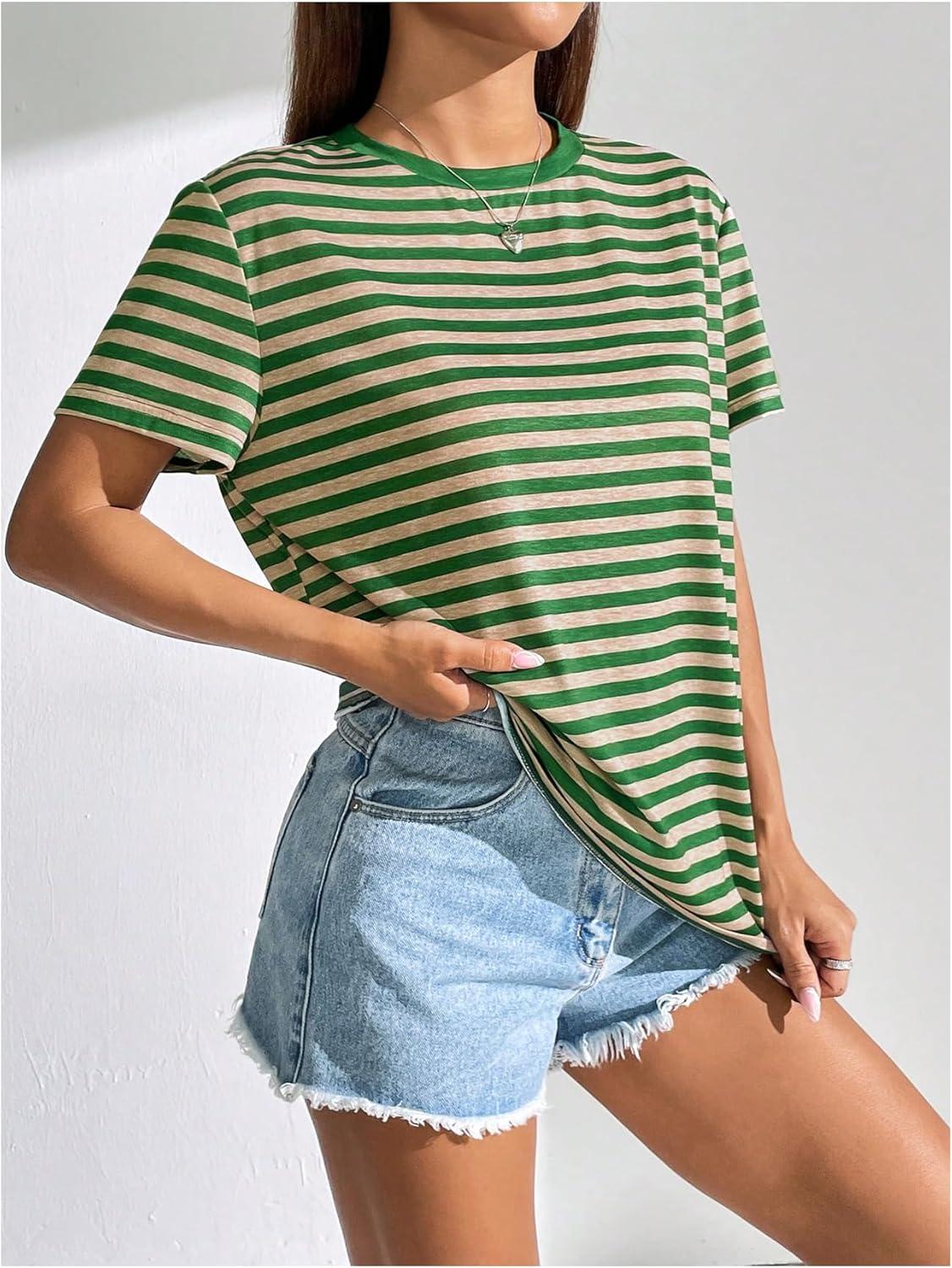 imageFloerns Womens Casual Striped Crew Neck Short Sleeve T Shirts Tee TopsGreen and Khaki