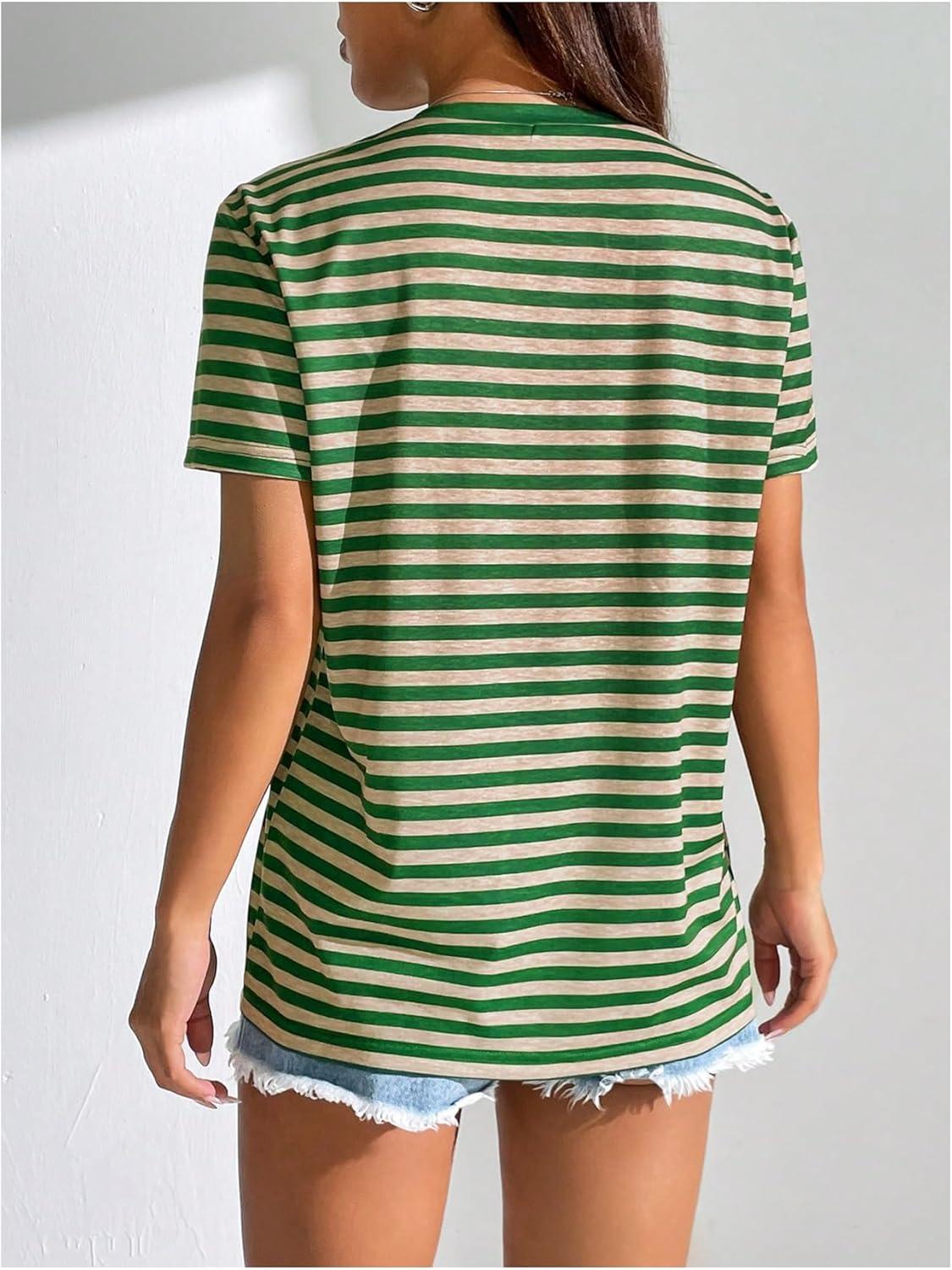 imageFloerns Womens Casual Striped Crew Neck Short Sleeve T Shirts Tee TopsGreen and Khaki
