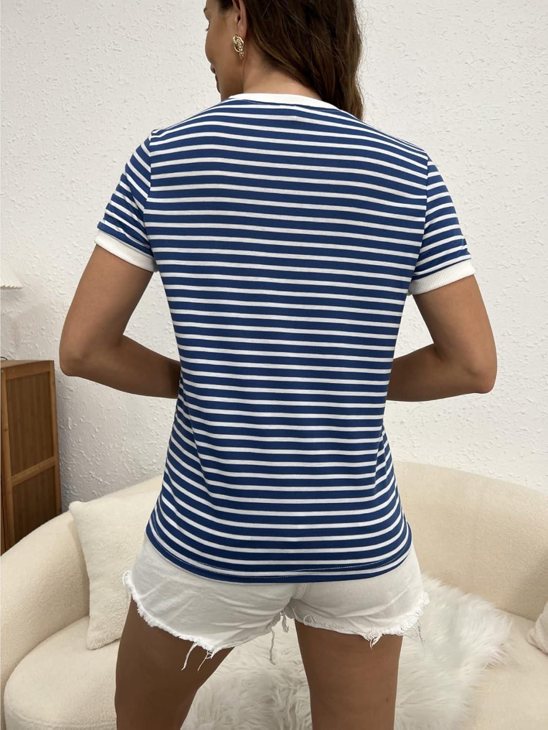 imageFloerns Womens Casual Striped Crew Neck Short Sleeve T Shirts Tee TopsNavy Blue