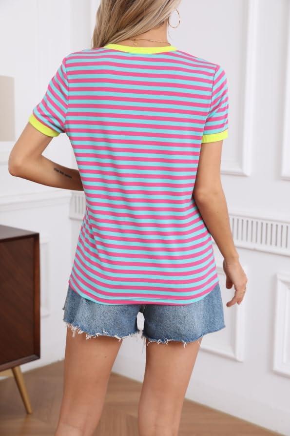 imageFloerns Womens Casual Striped Crew Neck Short Sleeve T Shirts Tee TopsPink Mint Yellow
