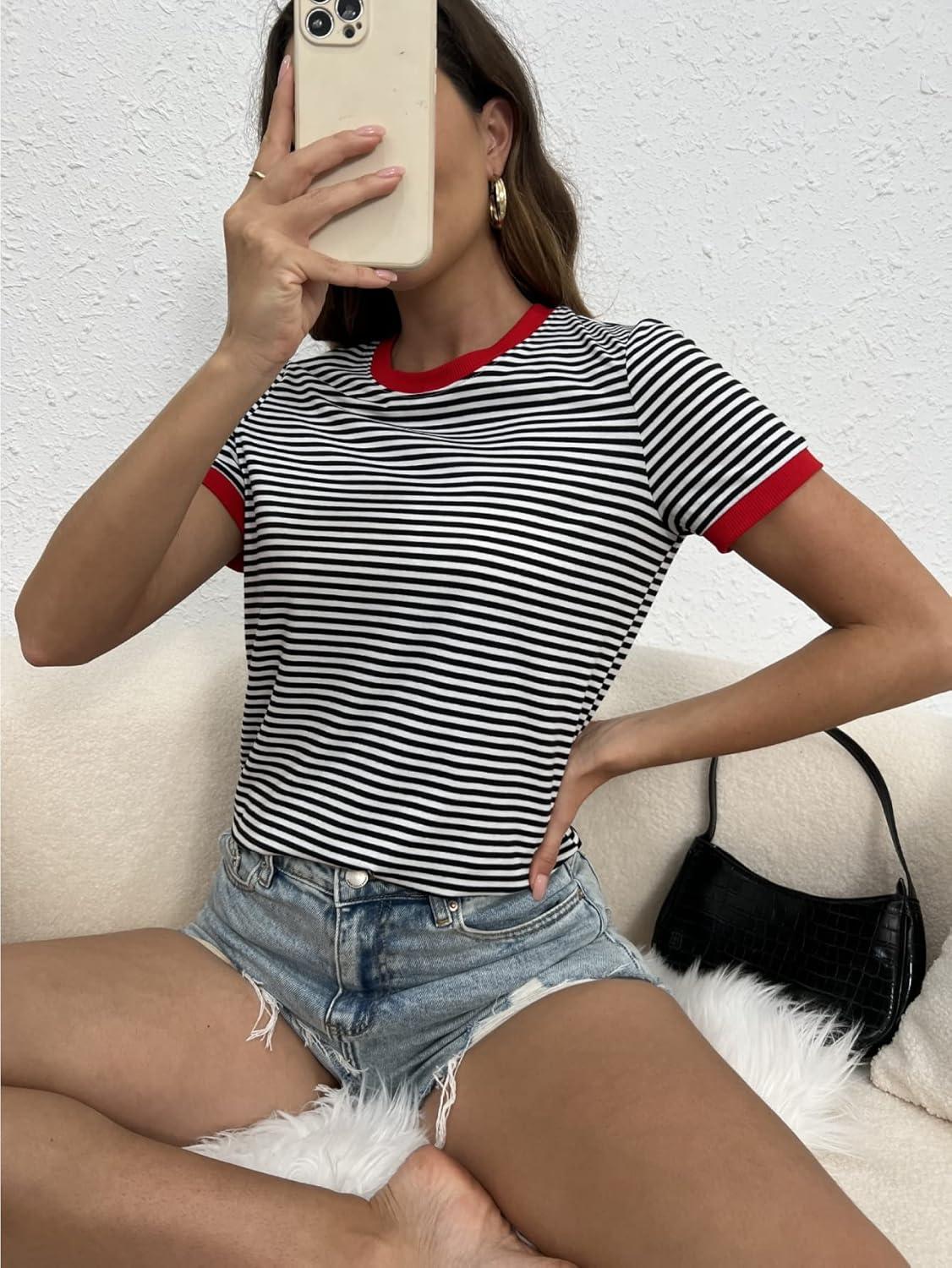 imageFloerns Womens Casual Striped Crew Neck Short Sleeve T Shirts Tee TopsWhite Black