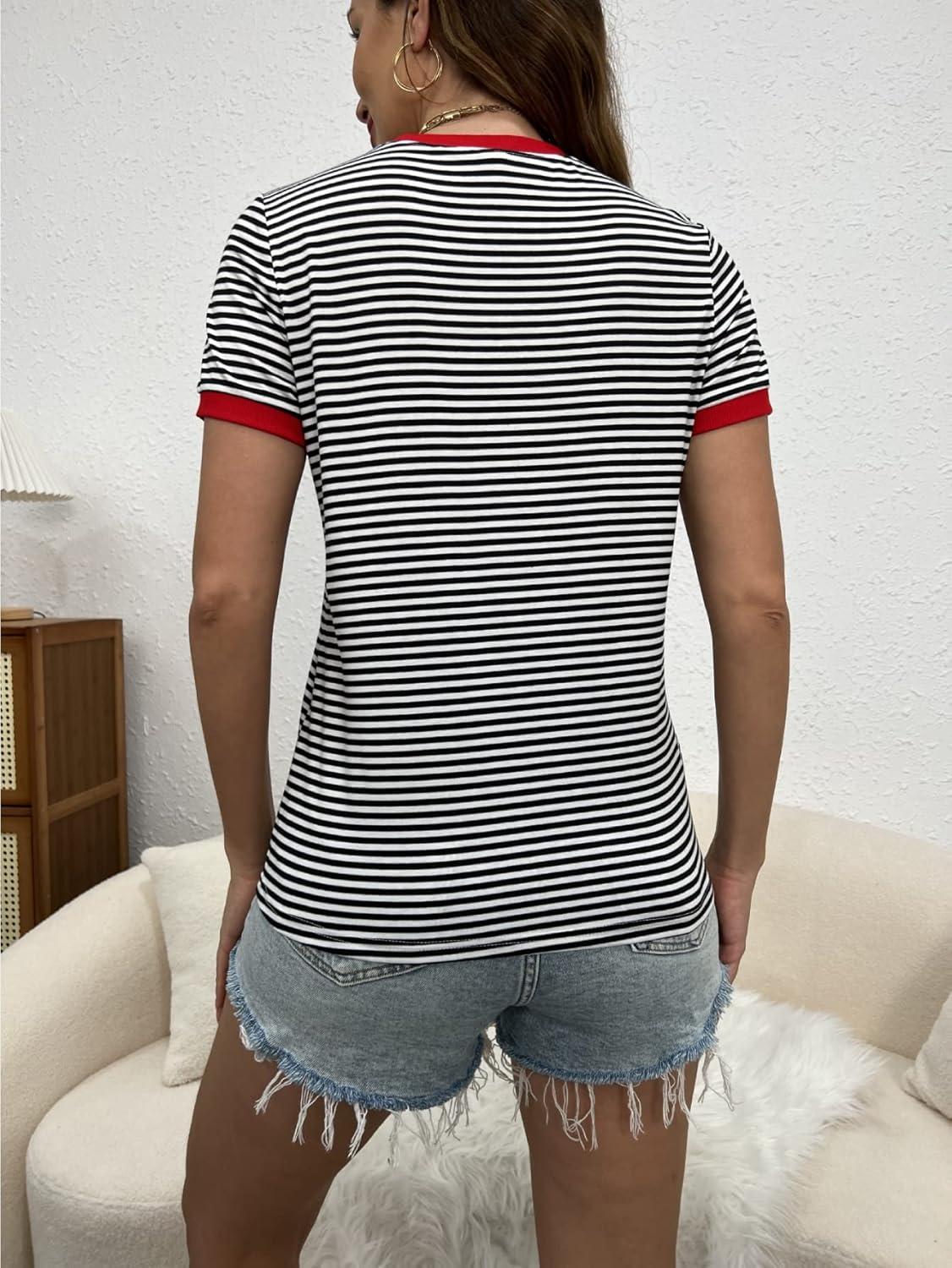 imageFloerns Womens Casual Striped Crew Neck Short Sleeve T Shirts Tee TopsWhite Black