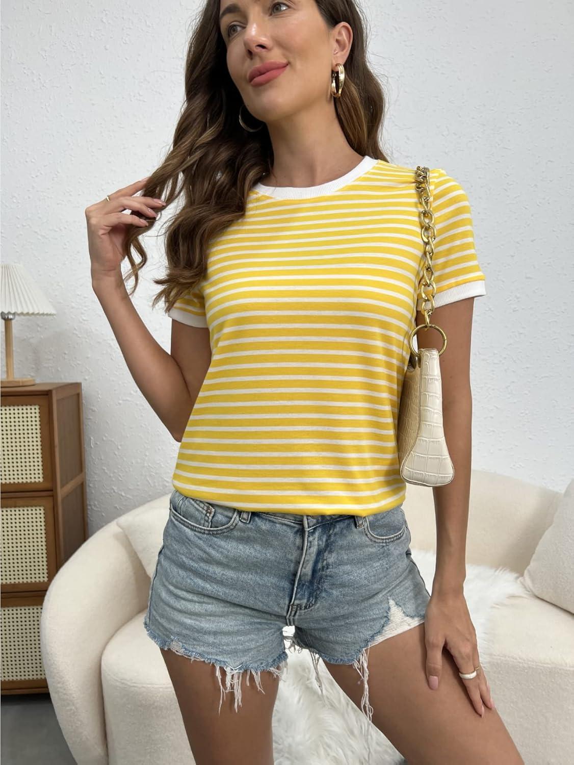 imageFloerns Womens Casual Striped Crew Neck Short Sleeve T Shirts Tee TopsYellow
