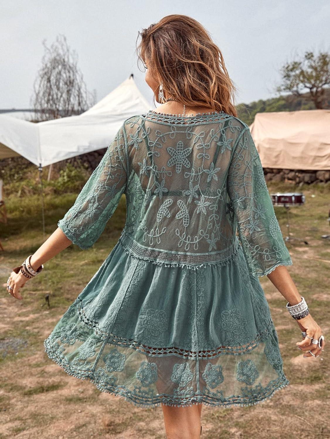 imageFloerns Womens Contrast Lace Plunging V Neck Bikini Cover Up Beach Dress Bathing SuitA Green