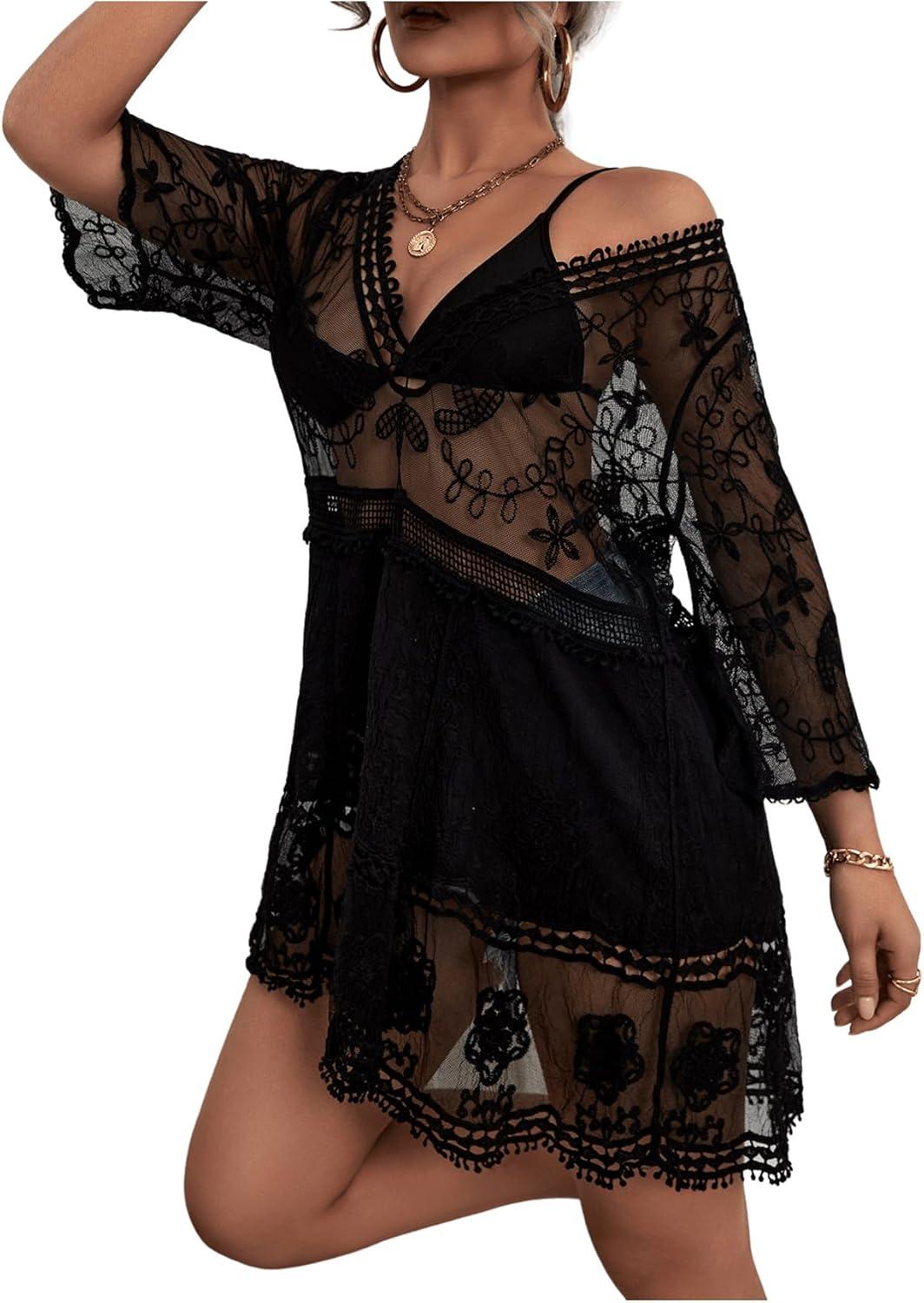 imageFloerns Womens Contrast Lace Plunging V Neck Bikini Cover Up Beach Dress Bathing SuitBlack
