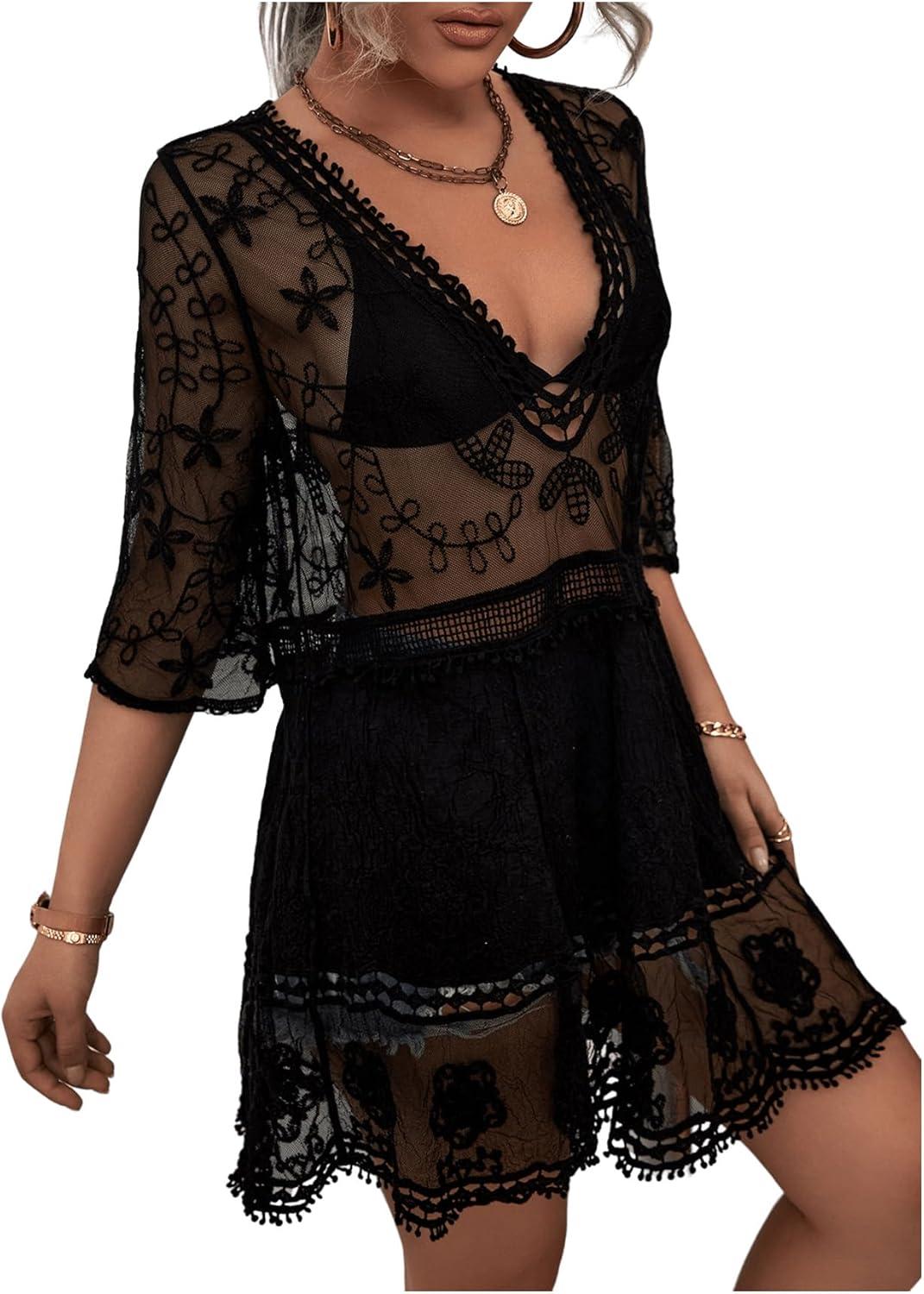 imageFloerns Womens Contrast Lace Plunging V Neck Bikini Cover Up Beach Dress Bathing SuitBlack
