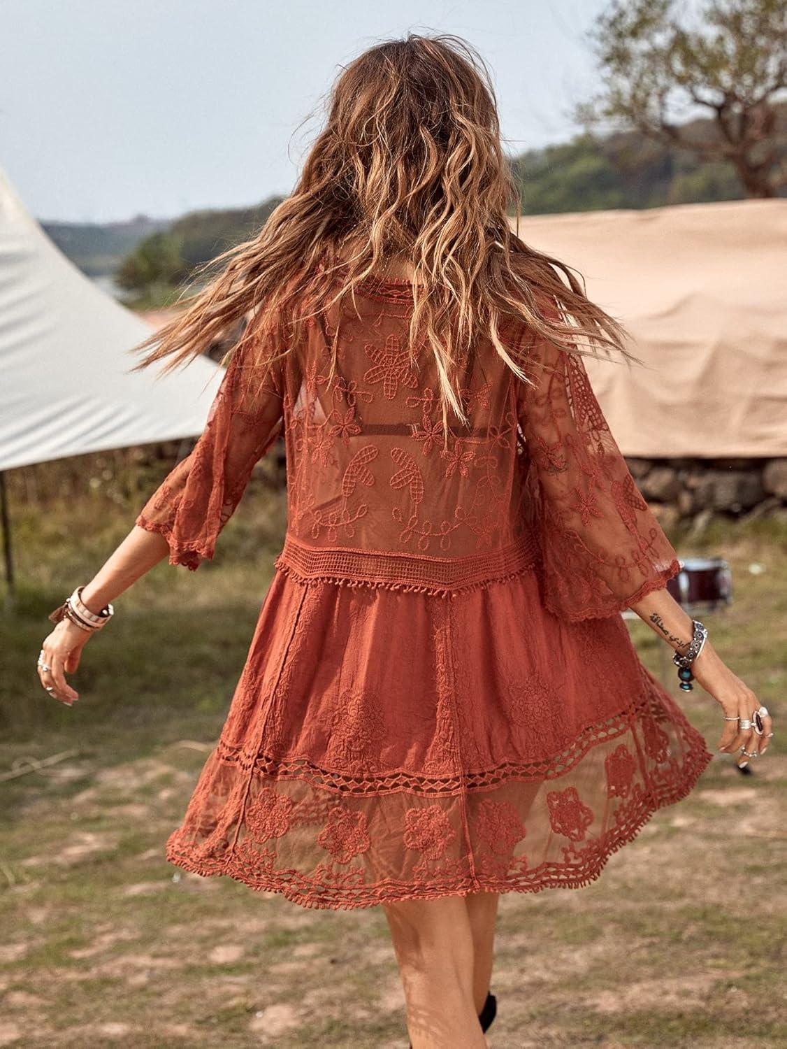 imageFloerns Womens Contrast Lace Plunging V Neck Bikini Cover Up Beach Dress Bathing SuitBurnt Orange