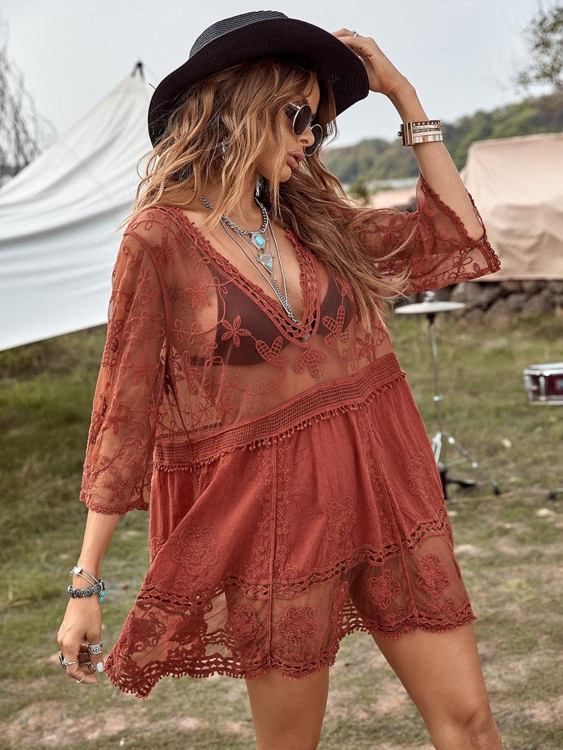 imageFloerns Womens Contrast Lace Plunging V Neck Bikini Cover Up Beach Dress Bathing SuitBurnt Orange