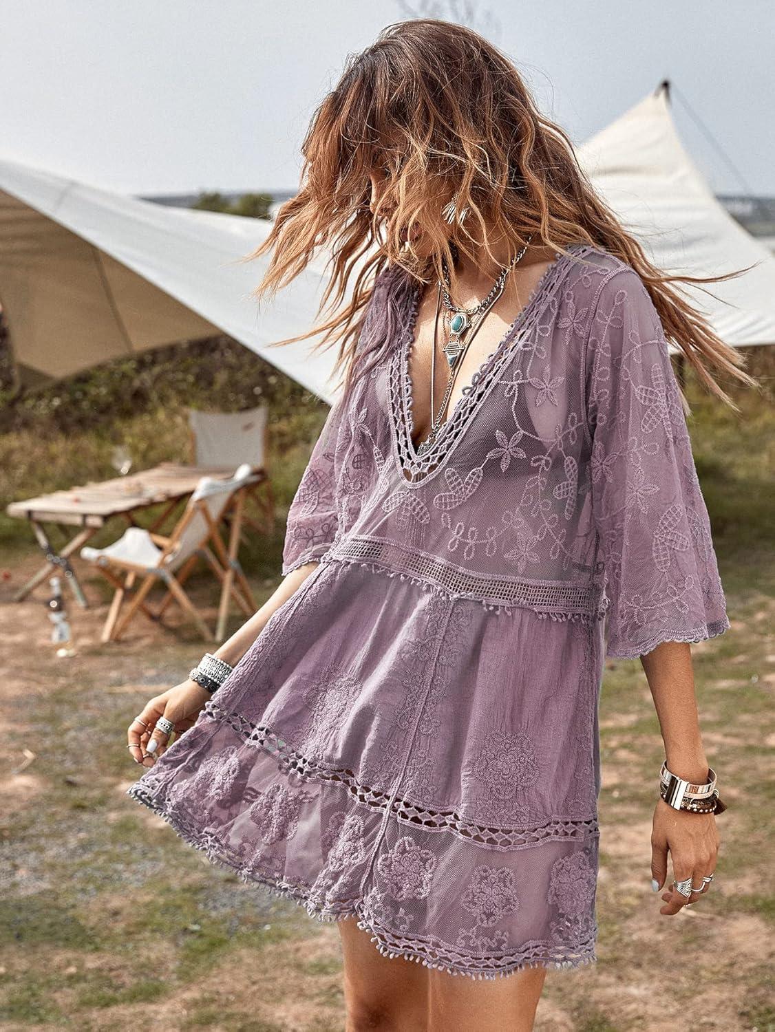 imageFloerns Womens Contrast Lace Plunging V Neck Bikini Cover Up Beach Dress Bathing SuitPurple