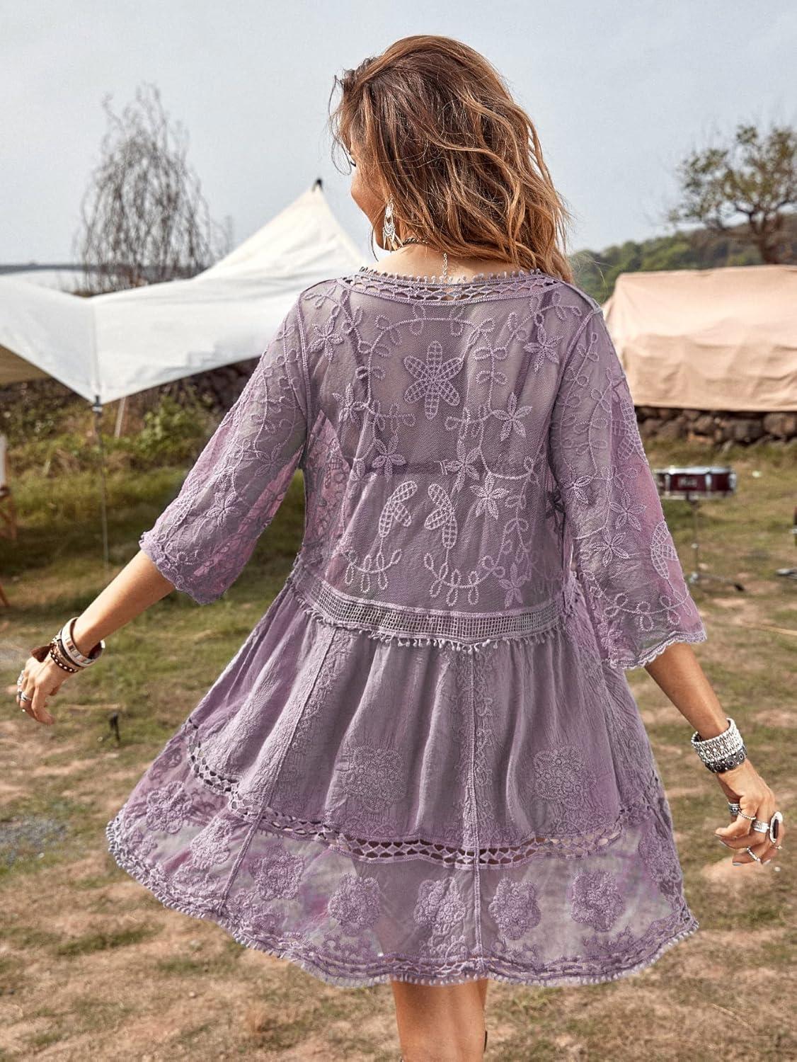 imageFloerns Womens Contrast Lace Plunging V Neck Bikini Cover Up Beach Dress Bathing SuitPurple