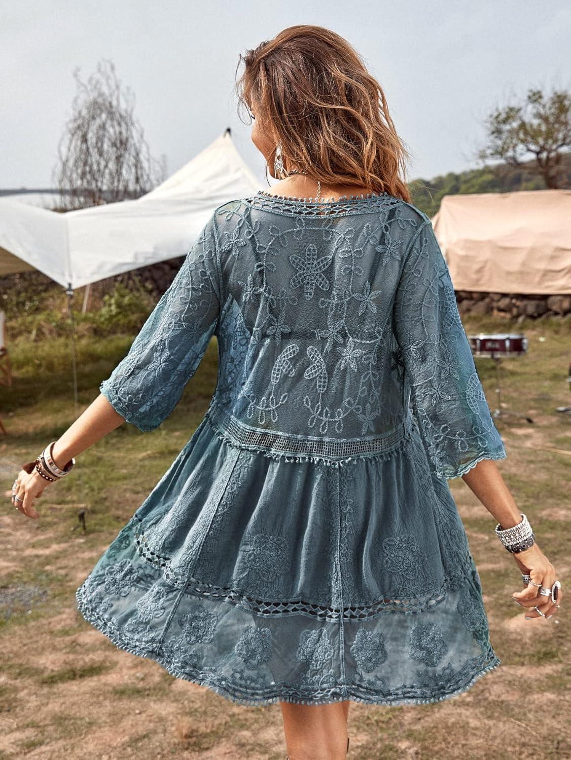 imageFloerns Womens Contrast Lace Plunging V Neck Bikini Cover Up Beach Dress Bathing SuitSky Blue