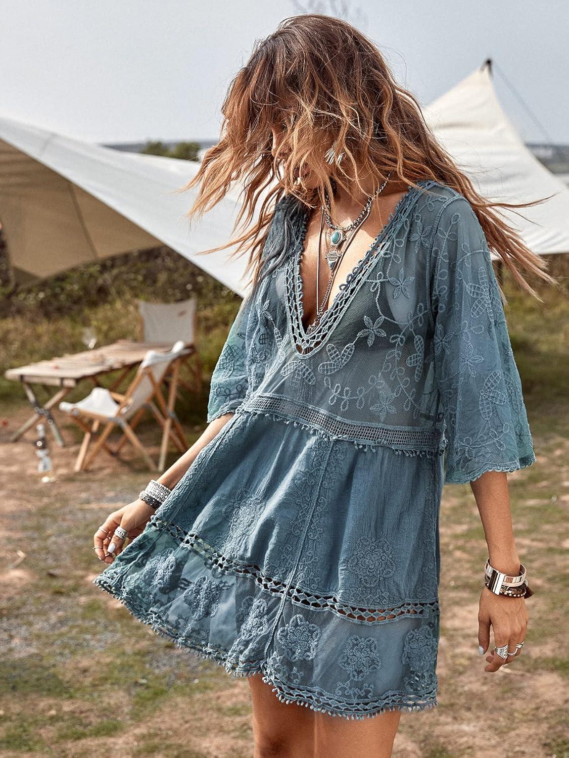 imageFloerns Womens Contrast Lace Plunging V Neck Bikini Cover Up Beach Dress Bathing SuitSky Blue