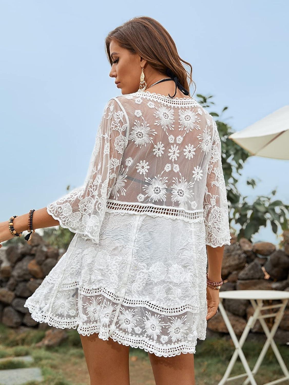 imageFloerns Womens Contrast Lace Plunging V Neck Bikini Cover Up Beach Dress Bathing SuitSnow White