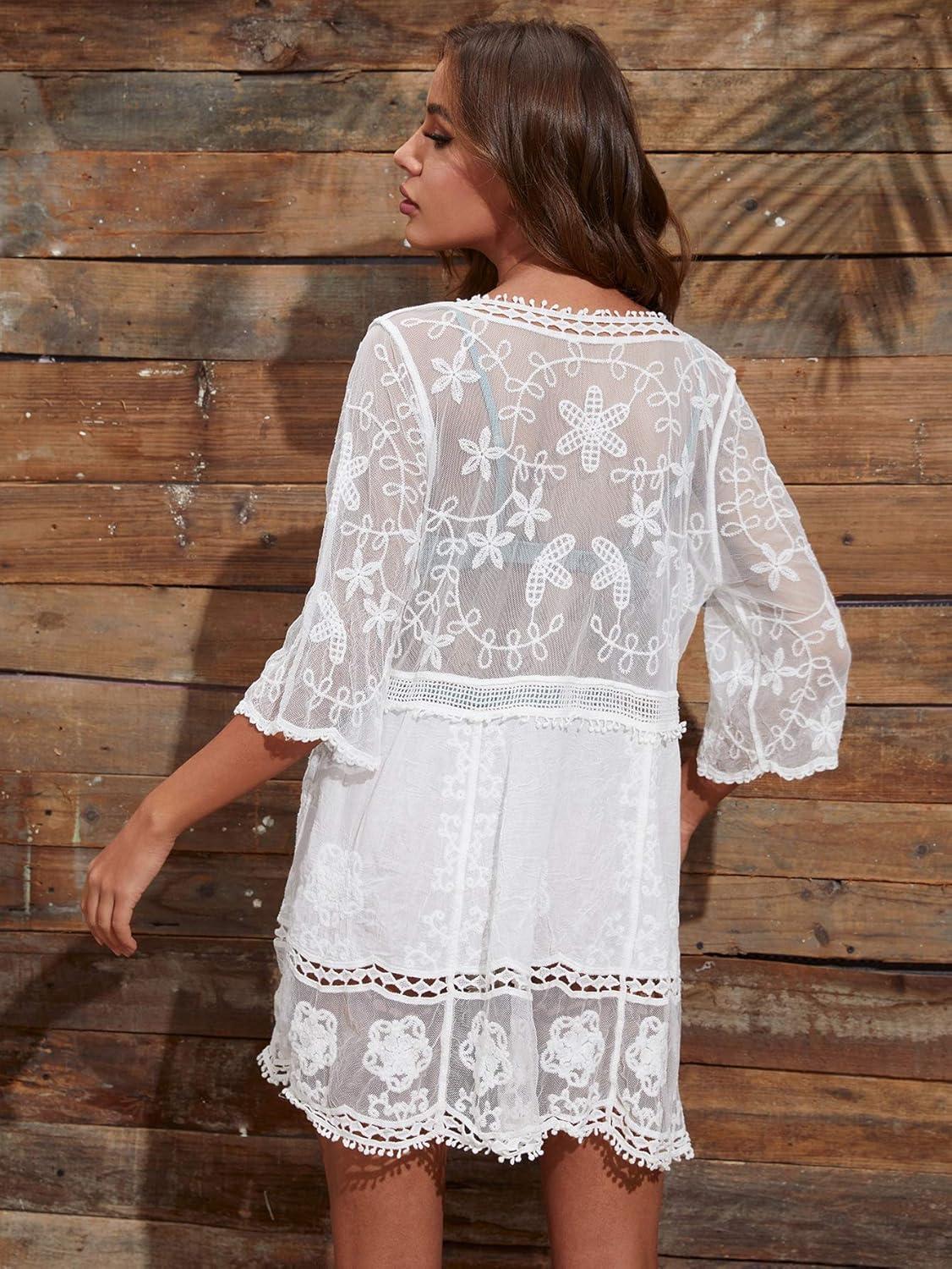 imageFloerns Womens Contrast Lace Plunging V Neck Bikini Cover Up Beach Dress Bathing SuitWhite