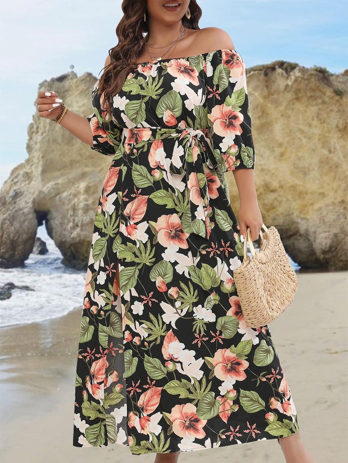 imageFloerns Womens Plus Size Boho Tropical Print Off Shoulder Belted Slit Long Dress