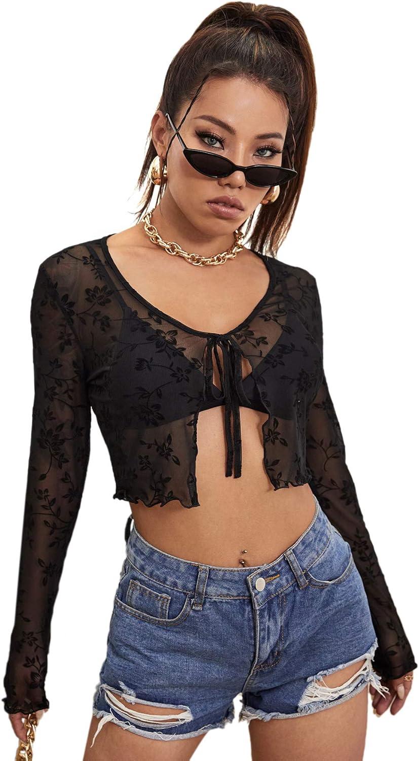imageFloerns Womens Sheer Mesh Long Sleeve Open Front Self Tie Crop Top without BraBlack