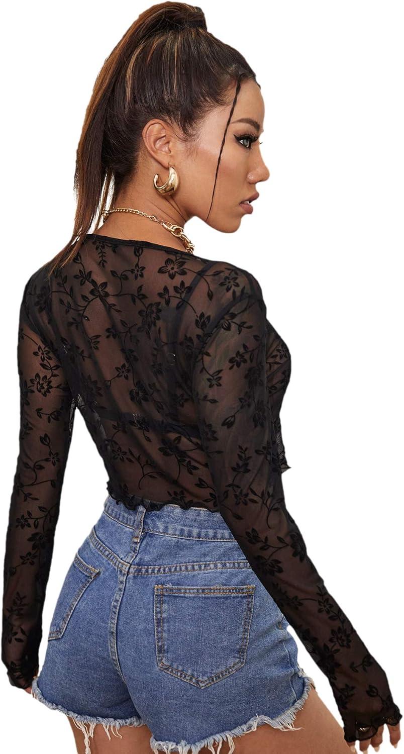 imageFloerns Womens Sheer Mesh Long Sleeve Open Front Self Tie Crop Top without BraBlack
