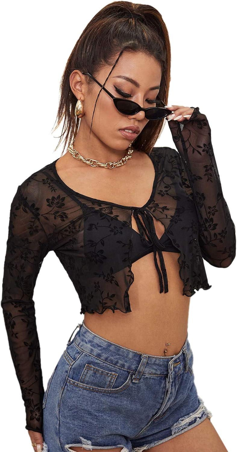 imageFloerns Womens Sheer Mesh Long Sleeve Open Front Self Tie Crop Top without BraBlack