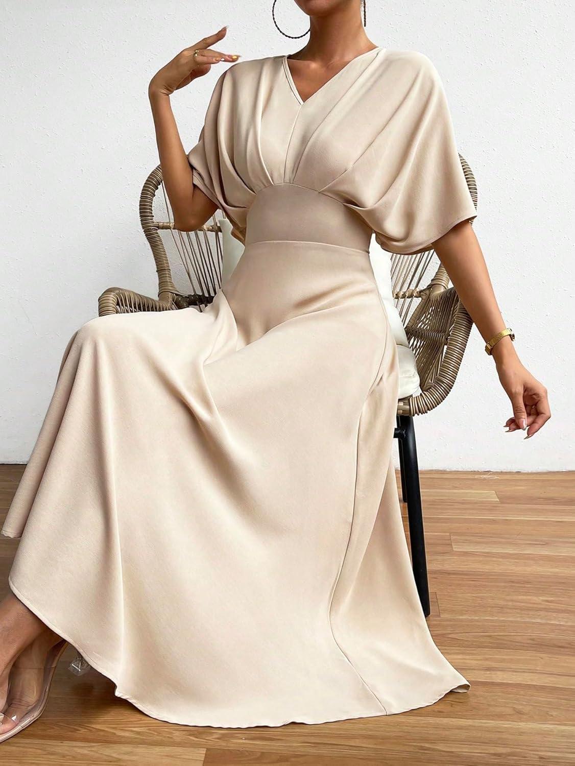 imageFloerns Womens V Neck Half Sleeve Ruched Cocktail Evening A Line Long DressApricot