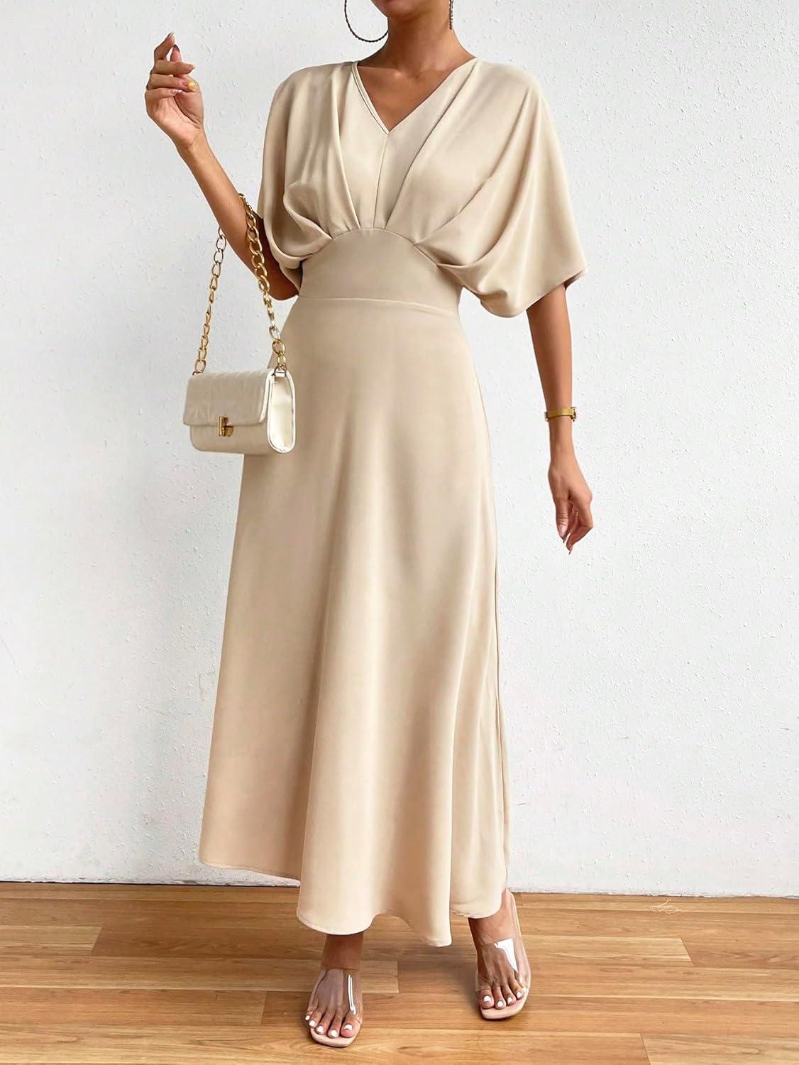 imageFloerns Womens V Neck Half Sleeve Ruched Cocktail Evening A Line Long DressApricot