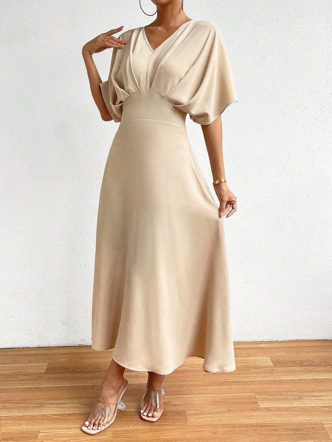 imageFloerns Womens V Neck Half Sleeve Ruched Cocktail Evening A Line Long DressApricot