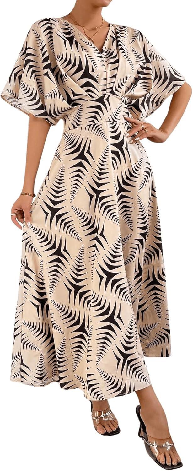 imageFloerns Womens V Neck Half Sleeve Ruched Cocktail Evening A Line Long DressApricot and Black