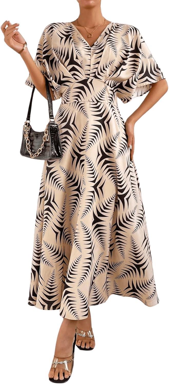 imageFloerns Womens V Neck Half Sleeve Ruched Cocktail Evening A Line Long DressApricot and Black