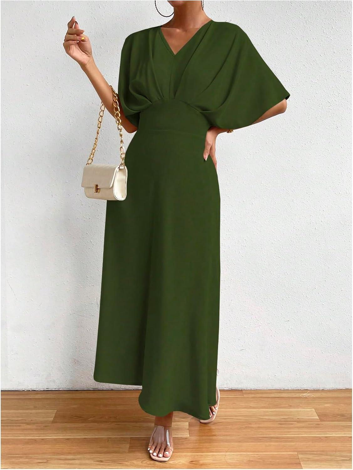 imageFloerns Womens V Neck Half Sleeve Ruched Cocktail Evening A Line Long DressArmy Green