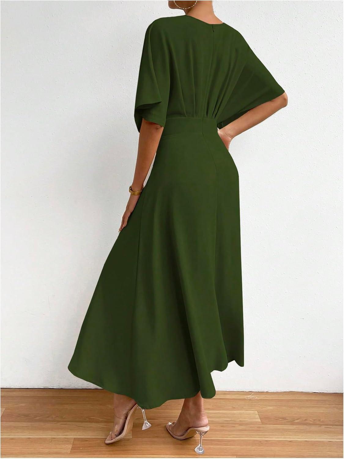 imageFloerns Womens V Neck Half Sleeve Ruched Cocktail Evening A Line Long DressArmy Green