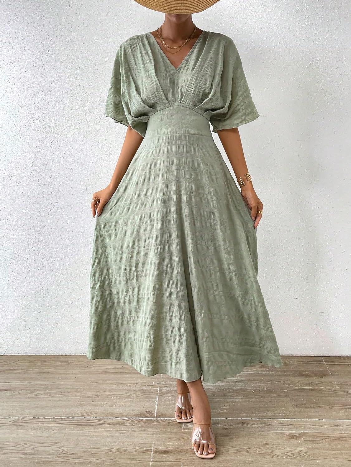 imageFloerns Womens V Neck Half Sleeve Ruched Cocktail Evening A Line Long DressBean Green