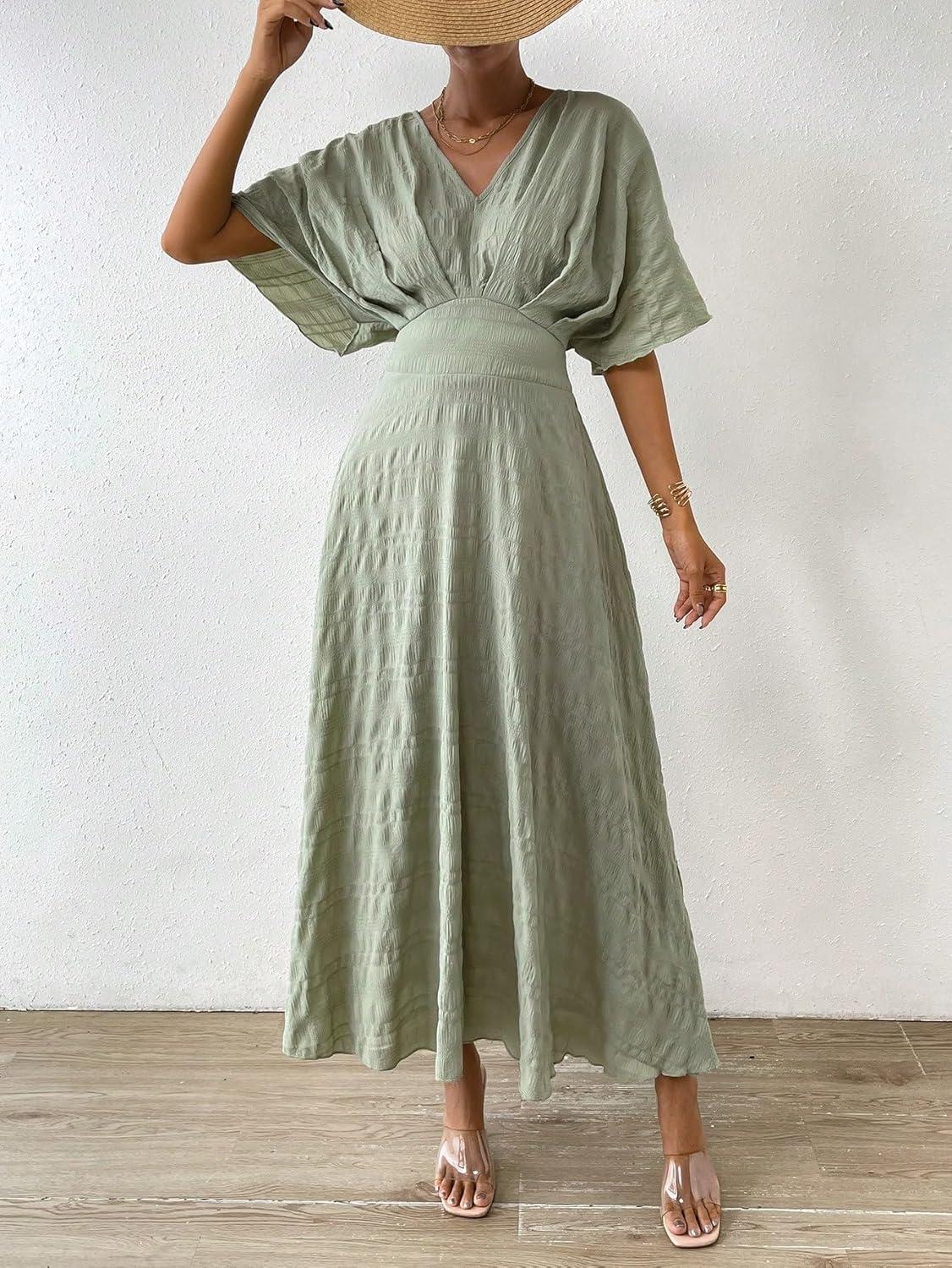 imageFloerns Womens V Neck Half Sleeve Ruched Cocktail Evening A Line Long DressBean Green