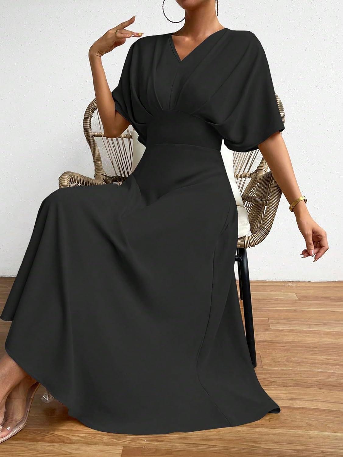 imageFloerns Womens V Neck Half Sleeve Ruched Cocktail Evening A Line Long DressBlack