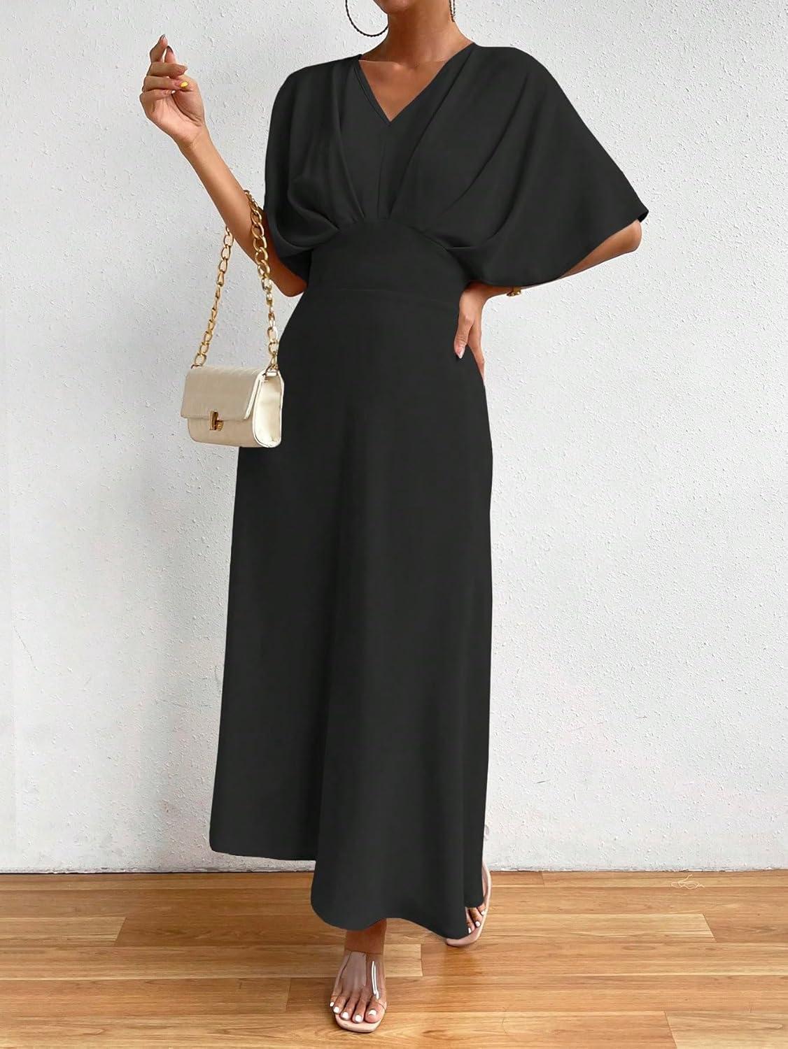 imageFloerns Womens V Neck Half Sleeve Ruched Cocktail Evening A Line Long DressBlack