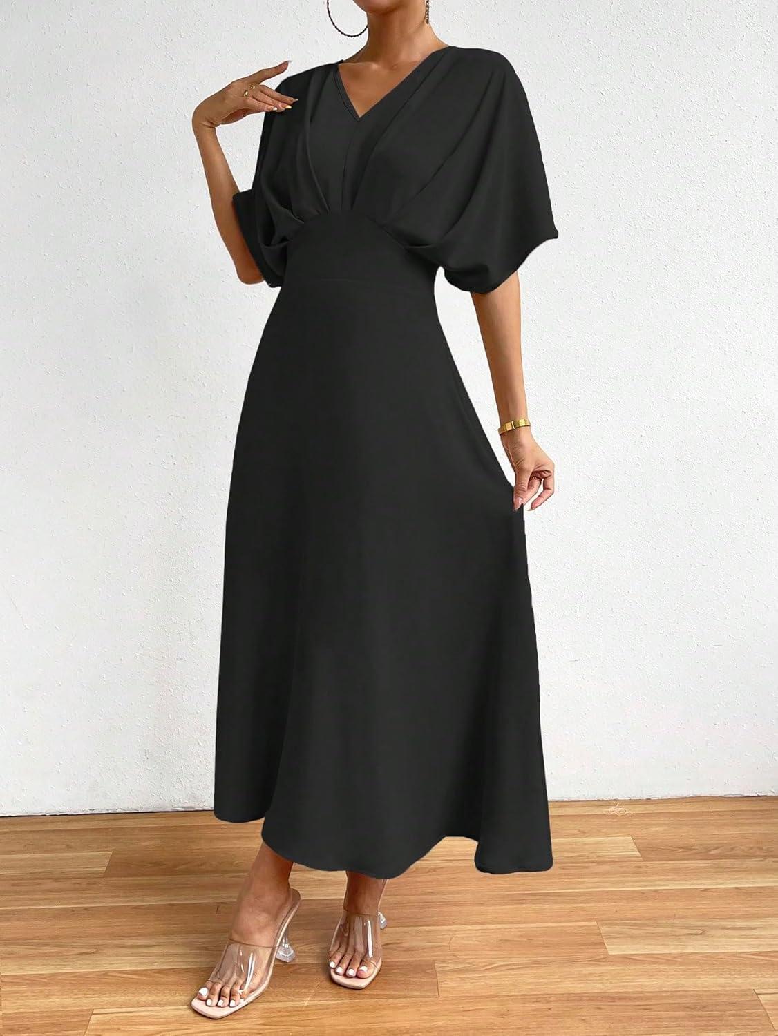 imageFloerns Womens V Neck Half Sleeve Ruched Cocktail Evening A Line Long DressBlack