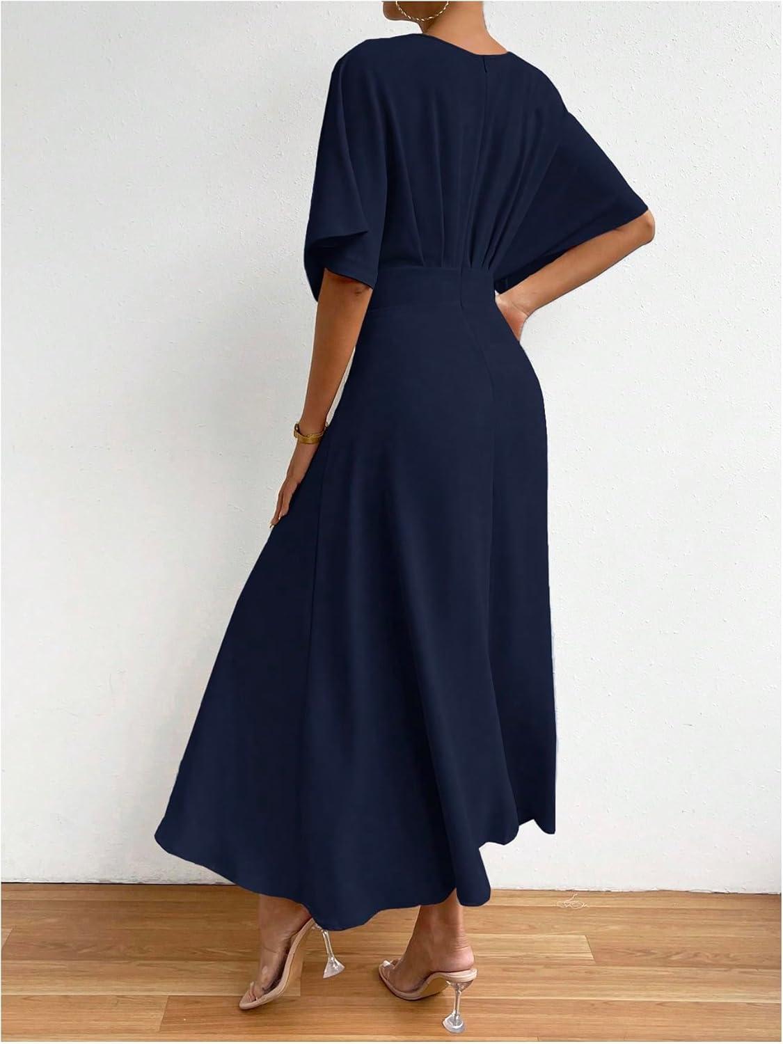 imageFloerns Womens V Neck Half Sleeve Ruched Cocktail Evening A Line Long DressBlue Ink