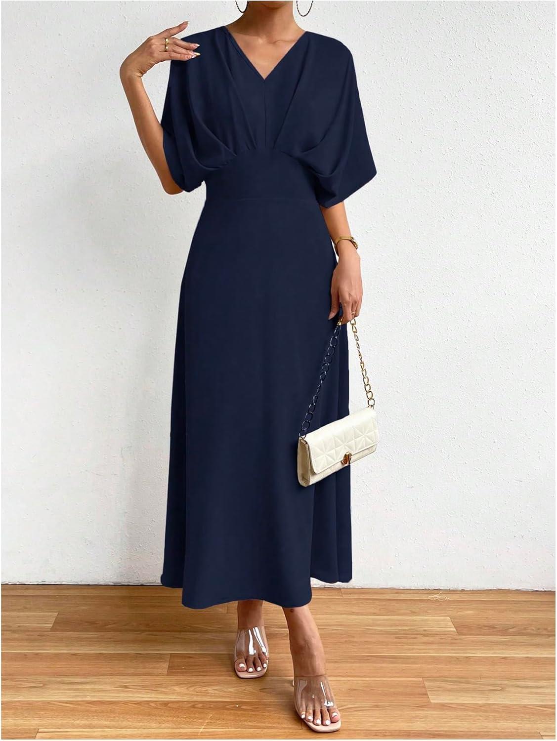 imageFloerns Womens V Neck Half Sleeve Ruched Cocktail Evening A Line Long DressBlue Ink