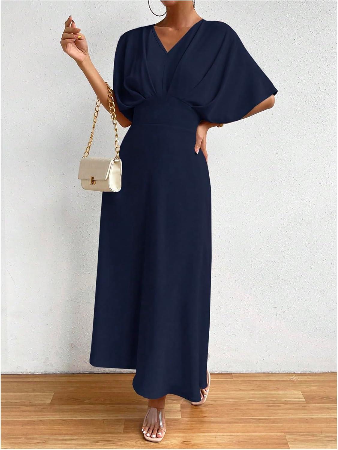 imageFloerns Womens V Neck Half Sleeve Ruched Cocktail Evening A Line Long DressBlue Ink