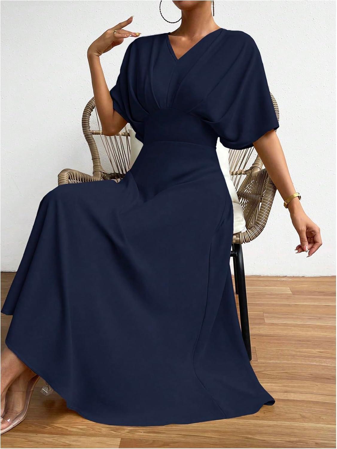 imageFloerns Womens V Neck Half Sleeve Ruched Cocktail Evening A Line Long DressBlue Ink